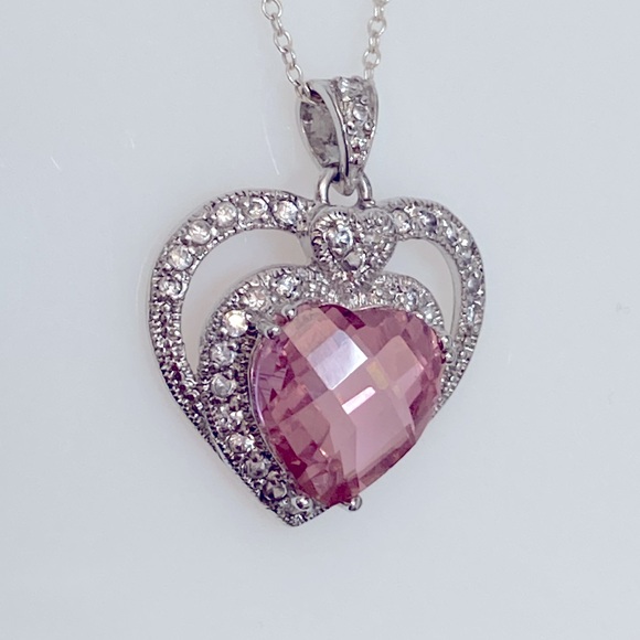 Double Heart 925 Silver Necklace & Pink Cubic Zirconia Heart Pendant - Picture 6 of 10